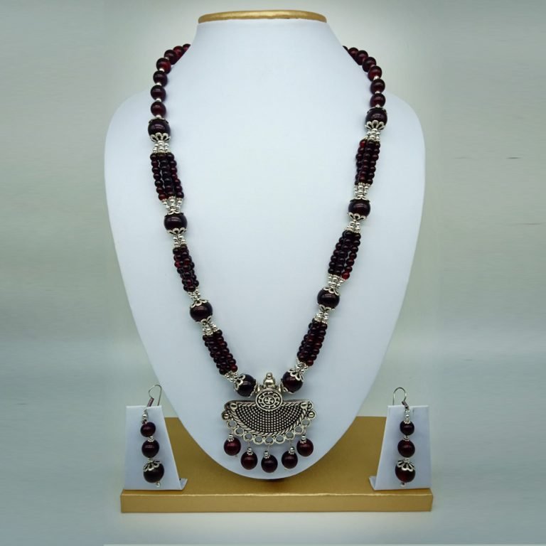Oxidized Dark Maroon Beads Necklace Set
