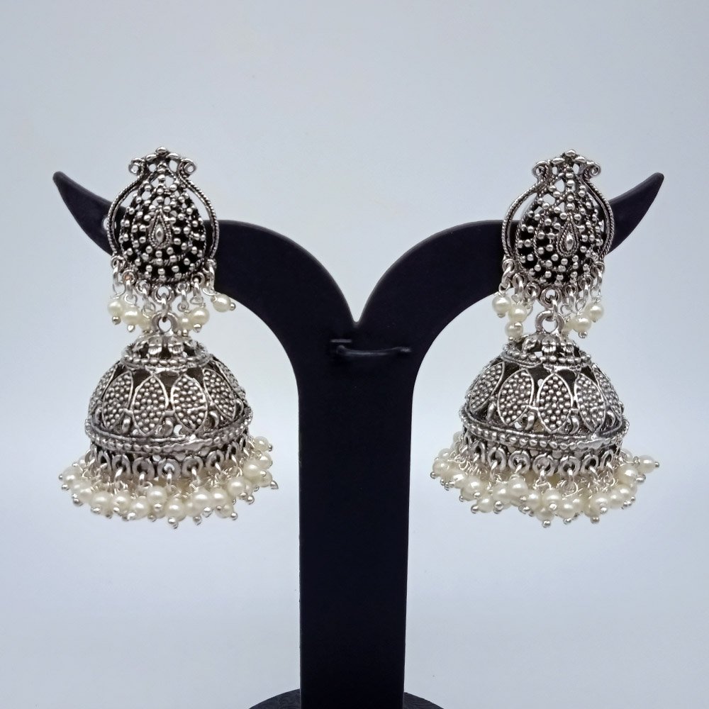 Oxidized Silver Jhumkas with Double Layered Pearl Beads