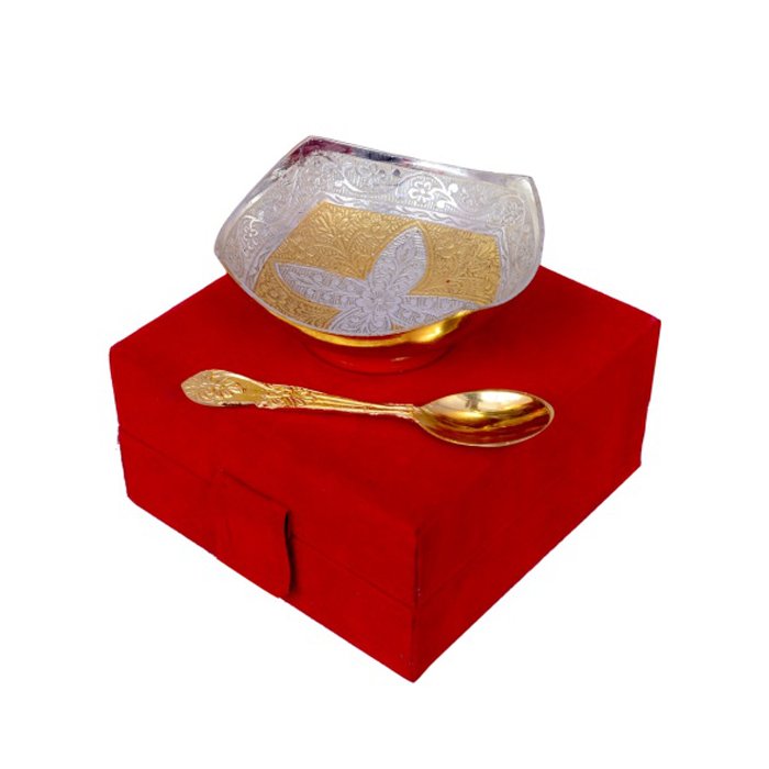 Handi craft Decorative Brass Square Shaped Bowl with Spoon (4 Inch Diameter)